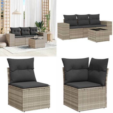Set Divano da Giardino 4pz con Cuscini Grigio Chiaro Polyrattan - Poltrona da giardino - Tavolo da giardino