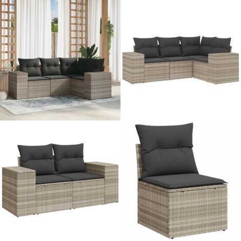 Set Divano da Giardino 4pz con Cuscini Grigio Chiaro Polyrattan - Poltrone da giardino - Cuscini da seduta