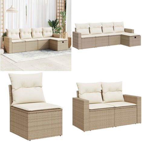 Set Divano da Giardino 5 pz con Cuscini Beige in Polyrattan - Poltrona da giardino - Cuscini da giardino