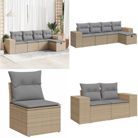 Set Divano da Giardino 5 pz con Cuscini Beige in Polyrattan - Poltrona da giardino - Seduta da esterno