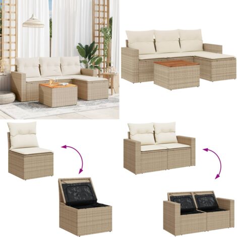 Set Divano da Giardino 5 pz con Cuscini Beige in Polyrattan - Seduta da giardino - Poltrona da giardino