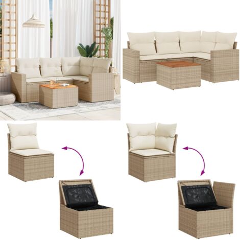 Set Divano da Giardino 5 pz con Cuscini Beige in Polyrattan - Sedute da giardino - Tavolo da giardino