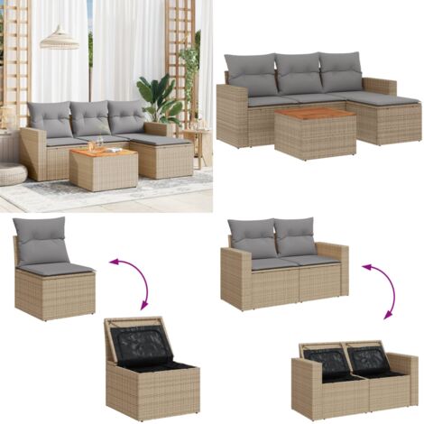 Set Divano da Giardino 5 pz con Cuscini Beige Misto Polyrattan - Seduta da giardino - Poltrona da giardino