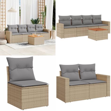 Set Divano da Giardino 5 pz con Cuscini Beige Misto Polyrattan - Sedute da giardino - Tavolo da giardino