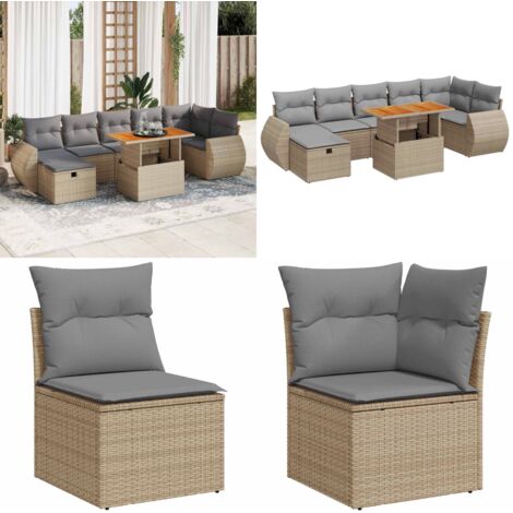 Set Divano da Giardino 5 pz con Cuscini Beige Polyrattan Acacia - Seduta da giardino - Poltrona da giardino