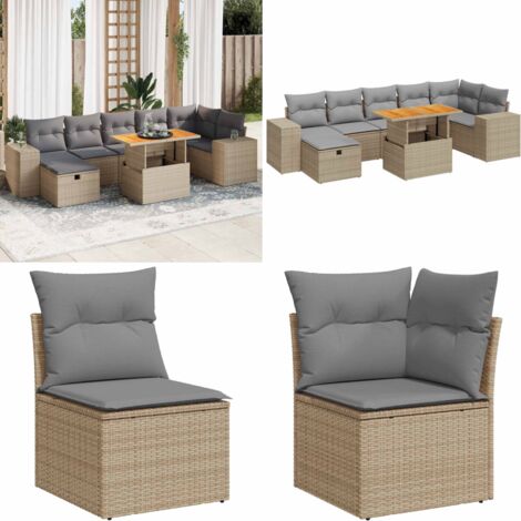 Set Divano da Giardino 5 pz con Cuscini Beige Polyrattan Acacia - Seduta da giardino - Poltrona da giardino
