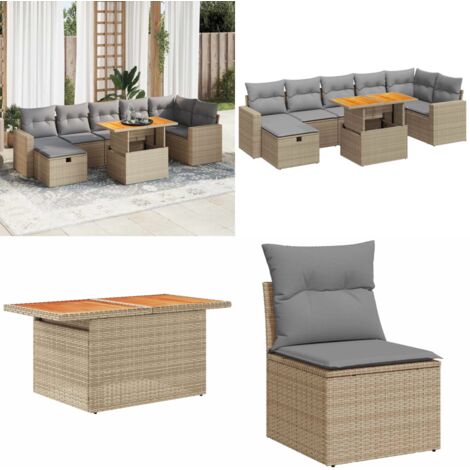 Set Divano da Giardino 5 pz con Cuscini Beige Polyrattan Acacia - Seduta da giardino - Tavolo da giardino