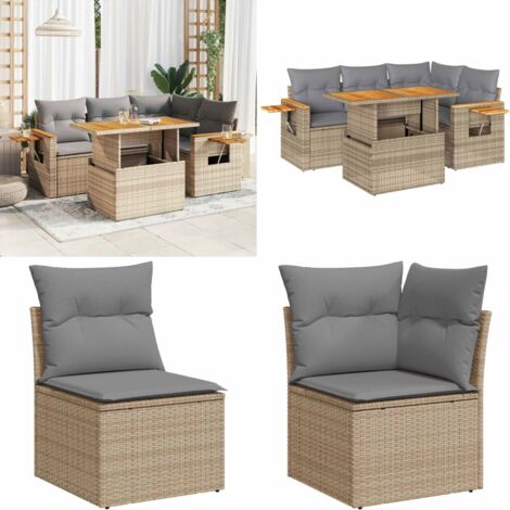 Set Divano da Giardino 5 pz con Cuscini Beige Polyrattan Acacia - Sedute da giardino - Tavolo da giardino
