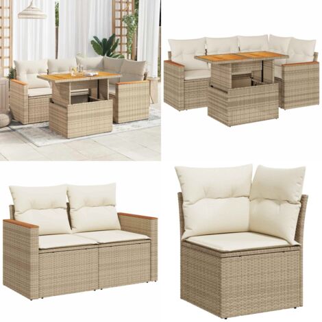 Set Divano da Giardino 5 pz con Cuscini Beige Polyrattan Acacia - Sedute da giardino - Tavolo da giardino