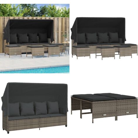 Set Divano da Giardino 5 pz con Cuscini Grigio in Polyrattan - Divano con baldacchino - Cuscini da giardino
