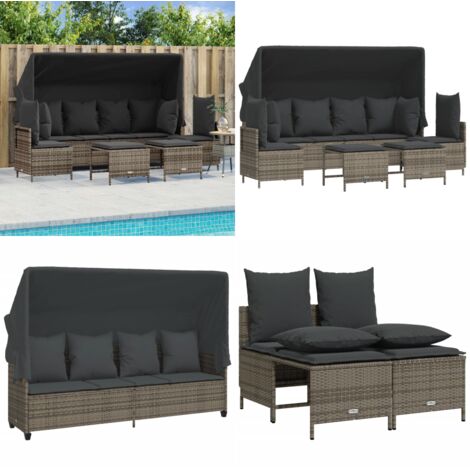 Set Divano da Giardino 5 pz con Cuscini Grigio in Polyrattan - Divano con baldacchino - Cuscini per divano