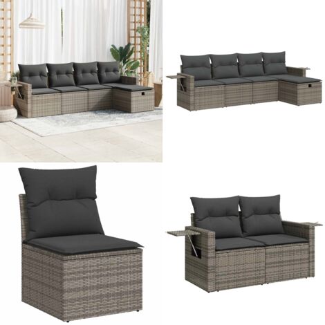 Set Divano da Giardino 5 pz con Cuscini Grigio in Polyrattan - Poltrona da giardino - Cuscini da seduta
