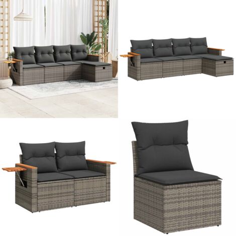 Set Divano da Giardino 5 pz con Cuscini Grigio in Polyrattan - Poltrona da giardino - Seduta da esterno