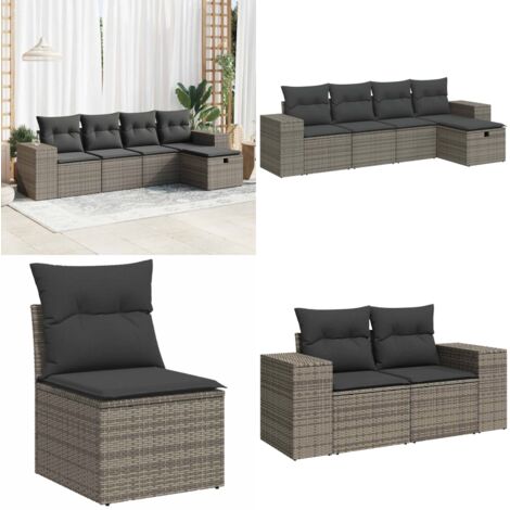 Set Divano da Giardino 5 pz con Cuscini Grigio in Polyrattan - Poltrona da giardino - Seduta da giardino