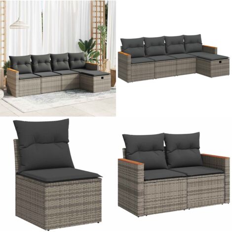 Set Divano da Giardino 5 pz con Cuscini Grigio in Polyrattan - Poltrona da giardino - Seduta da giardino