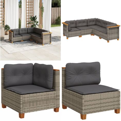 Set Divano da Giardino 5 pz con Cuscini Grigio in Polyrattan - Sedute angolari - Cuscini da seduta