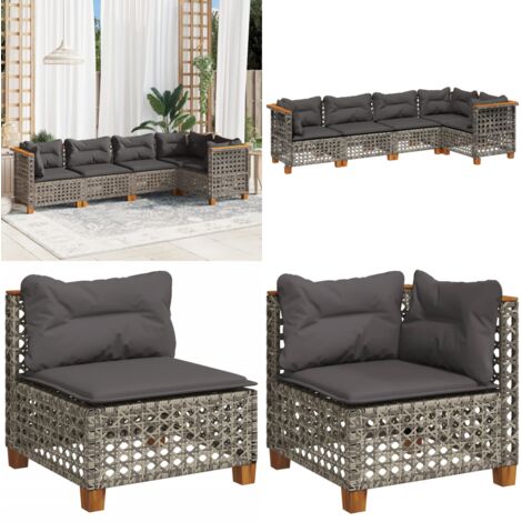 Set Divano da Giardino 5 pz con Cuscini Grigio in Polyrattan - Sedute angolari - Cuscini da seduta
