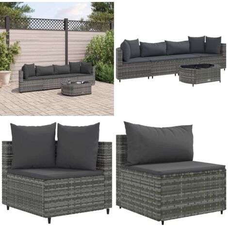 Set Divano da Giardino 5 pz con Cuscini Grigio in Polyrattan - Sedute angolari - Cuscini per divano