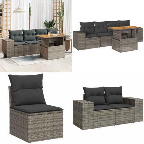 Set Divano da Giardino 5 pz con Cuscini Grigio in Polyrattan - Sedute da esterno - Tavolo da giardino