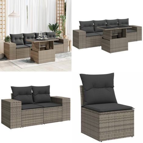 Set Divano da Giardino 5 pz con Cuscini Grigio in Polyrattan - Sedute da esterno - Tavolo da giardino