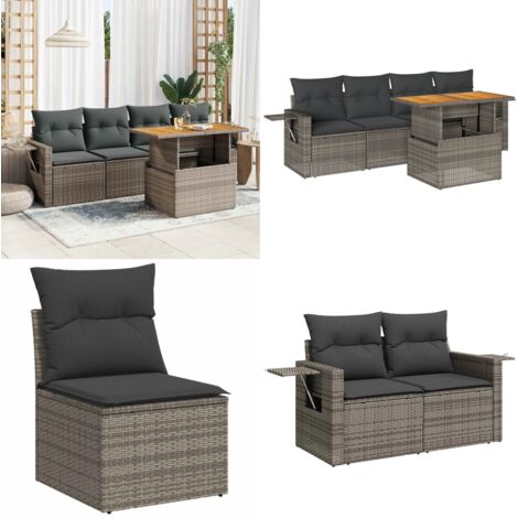 Set Divano da Giardino 5 pz con Cuscini Grigio in Polyrattan - Sedute da esterno - Tavolo da giardino