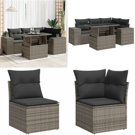 Set Divano da Giardino 5 pz con Cuscini Grigio in Polyrattan - Sedute da esterno - Tavolo da giardino