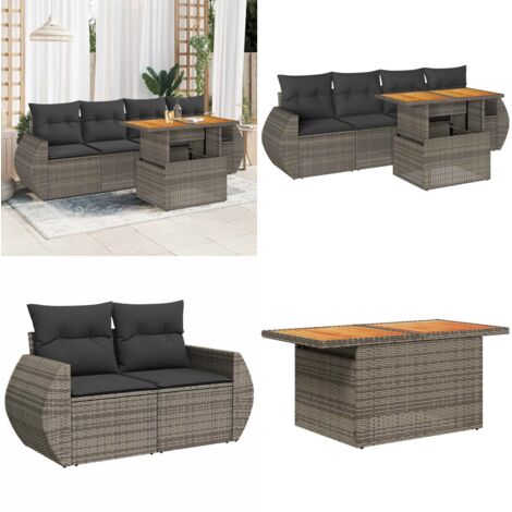 Set Divano da Giardino 5 pz con Cuscini Grigio in Polyrattan - Sedute da esterno - Tavolo da giardino