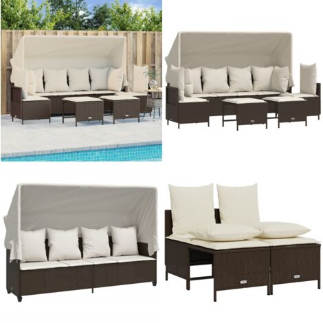 Set Divano da Giardino 5 pz con Cuscini Marrone in Polyrattan - Divano con baldacchino - Polyrattan