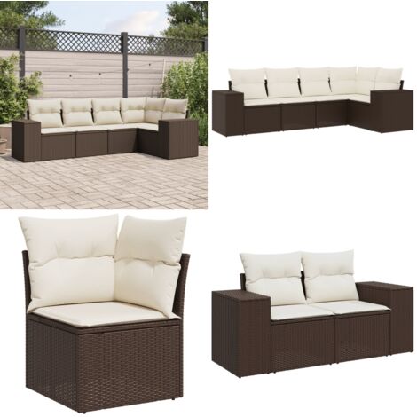 Set Divano da Giardino 5 pz con Cuscini Marrone in Polyrattan - Poltrona da giardino - Cuscini da seduta