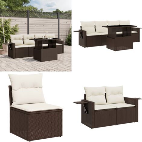 Set Divano da Giardino 5 pz con Cuscini Marrone in Polyrattan - Poltrona da giardino - Tavolo da giardino