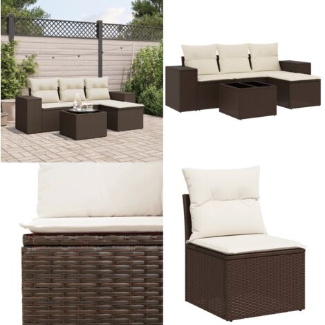 Set Divano da Giardino 5 pz con Cuscini Marrone in Polyrattan - Poltrona da giardino - Tavolo da giardino