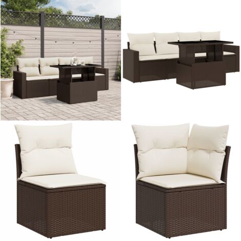 Set Divano da Giardino 5 pz con Cuscini Marrone in Polyrattan - Poltrona da giardino - Tavolo da giardino