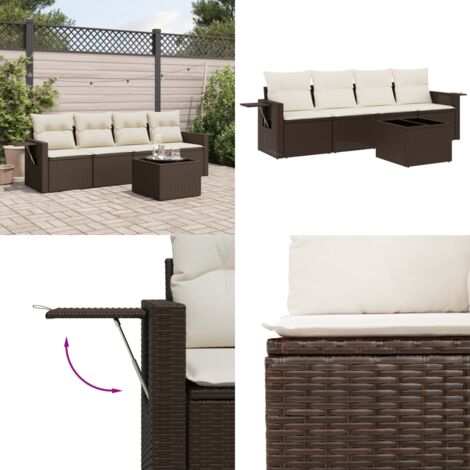 Set Divano da Giardino 5 pz con Cuscini Marrone in Polyrattan - Poltrona da giardino - Tavolo da giardino