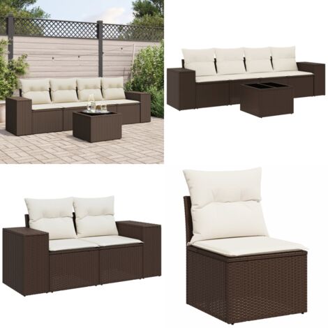 Set Divano da Giardino 5 pz con Cuscini Marrone in Polyrattan - Poltrona da giardino - Tavolo da giardino