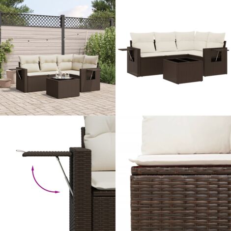 Set Divano da Giardino 5 pz con Cuscini Marrone in Polyrattan - Poltrone da giardino - Tavolo da giardino