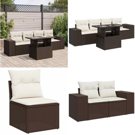 Set Divano da Giardino 5 pz con Cuscini Marrone in Polyrattan - Sedute da esterno - Tavolo da giardino