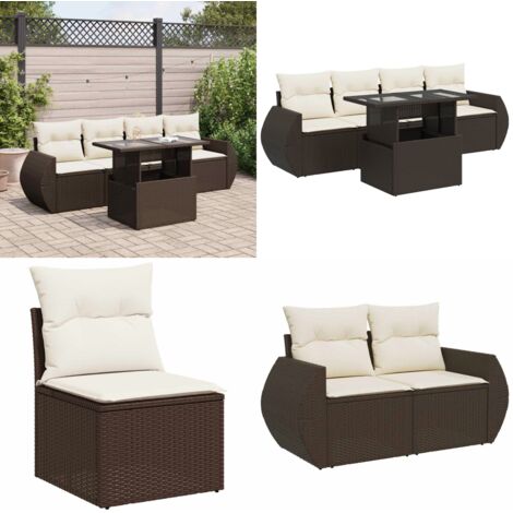 Set Divano da Giardino 5 pz con Cuscini Marrone in Polyrattan - Sedute da giardino - Tavolo da giardino