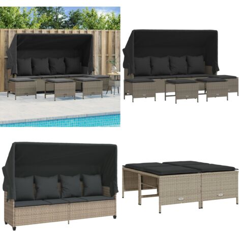 Set Divano da Giardino 5pz con Cuscini Grigio Chiaro Polyrattan - Divano con baldacchino - Cuscini da giardino
