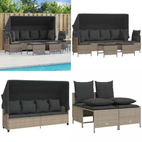Set Divano da Giardino 5pz con Cuscini Grigio Chiaro Polyrattan - Divano con baldacchino - Cuscini per divano