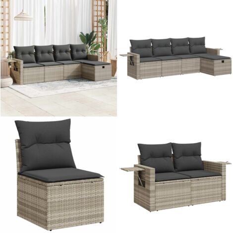 Set Divano da Giardino 5pz con Cuscini Grigio Chiaro Polyrattan - Poltrona da giardino - Cuscini da giardino