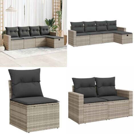 Set Divano da Giardino 5pz con Cuscini Grigio Chiaro Polyrattan - Poltrona da giardino - Cuscini da seduta