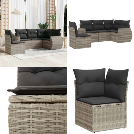Set Divano da Giardino 5pz con Cuscini Grigio Chiaro Polyrattan - Poltrona da giardino - Cuscino da giardino