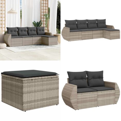 Set Divano da Giardino 5pz con Cuscini Grigio Chiaro Polyrattan - Poltrona da giardino - Cuscino da giardino