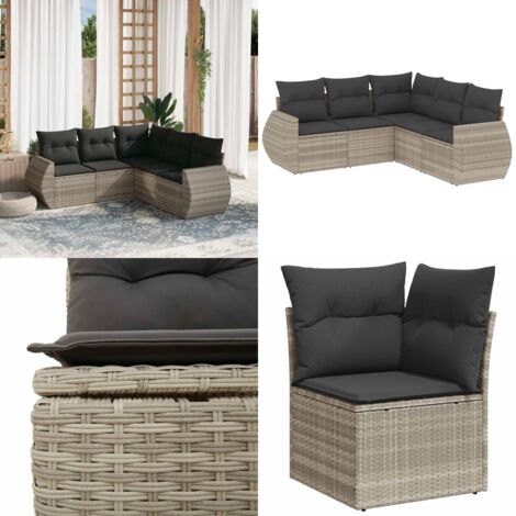 Set Divano da Giardino 5pz con Cuscini Grigio Chiaro Polyrattan - Poltrona da giardino - Cuscino da giardino