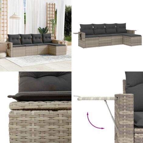 Set Divano da Giardino 5pz con Cuscini Grigio Chiaro Polyrattan - Poltrona da giardino - Cuscino da seduta