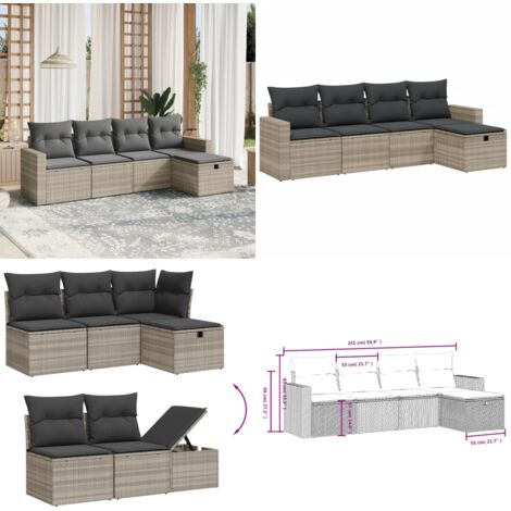 Set Divano da Giardino 5pz con Cuscini Grigio Chiaro Polyrattan - Poltrona da giardino - Cuscino da seduta