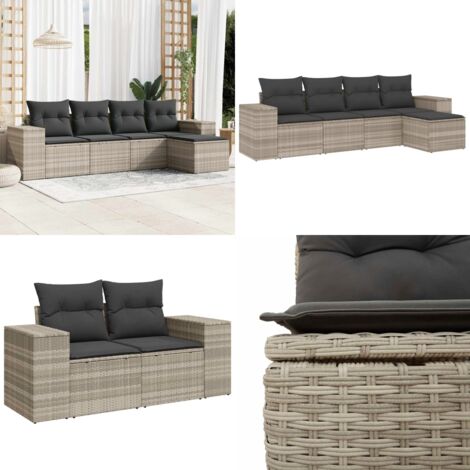 Set Divano da Giardino 5pz con Cuscini Grigio Chiaro Polyrattan - Poltrona da giardino - Cuscino da seduta