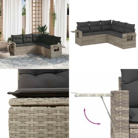 Set Divano da Giardino 5pz con Cuscini Grigio Chiaro Polyrattan - Poltrona da giardino - Cuscino da seduta