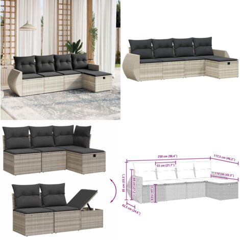 Set Divano da Giardino 5pz con Cuscini Grigio Chiaro Polyrattan - Poltrona da giardino - Cuscino da seduta