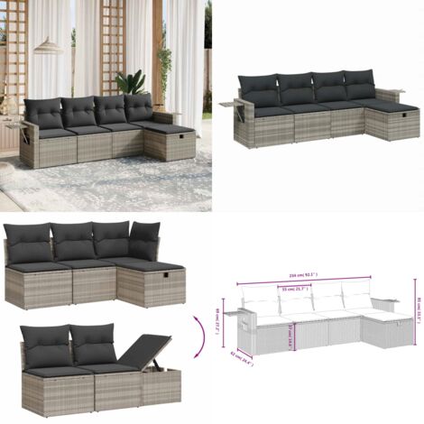 Set Divano da Giardino 5pz con Cuscini Grigio Chiaro Polyrattan - Poltrona da giardino - Cuscino da seduta